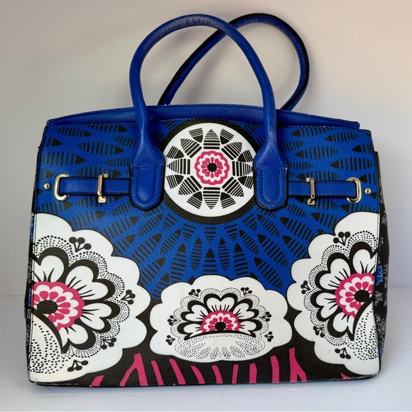 Spring, Bold Floral Satchel Tote Bag, Blue Pink & Black - Picture 1 of 13